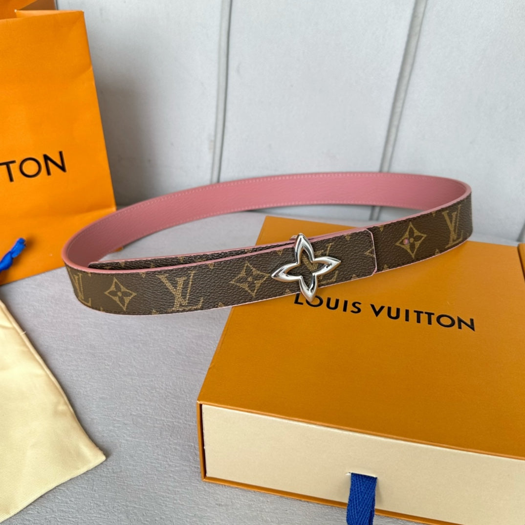 LV  MINI FLOWERGRAM 30MM REVERSIBLE BELT IN BLUSH PINK CALFSKIN SILVER HARDWARE - 30