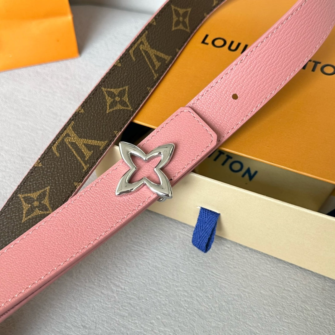LV Flowergram 30mm Reversible Belt Silver Buckle Pink Brown Leather - 30