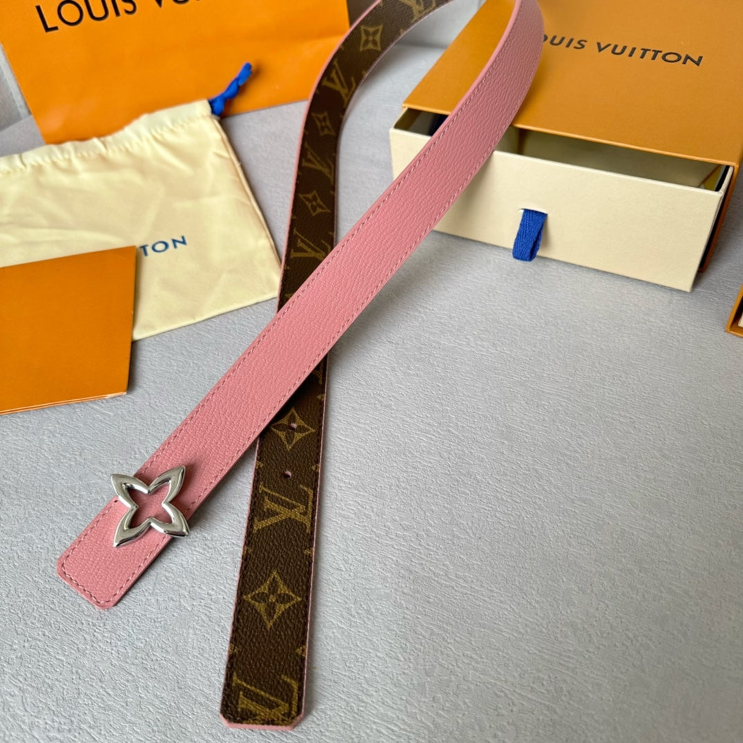 LV Flowergram 30mm Reversible Belt Silver Buckle Pink Brown Leather - 30