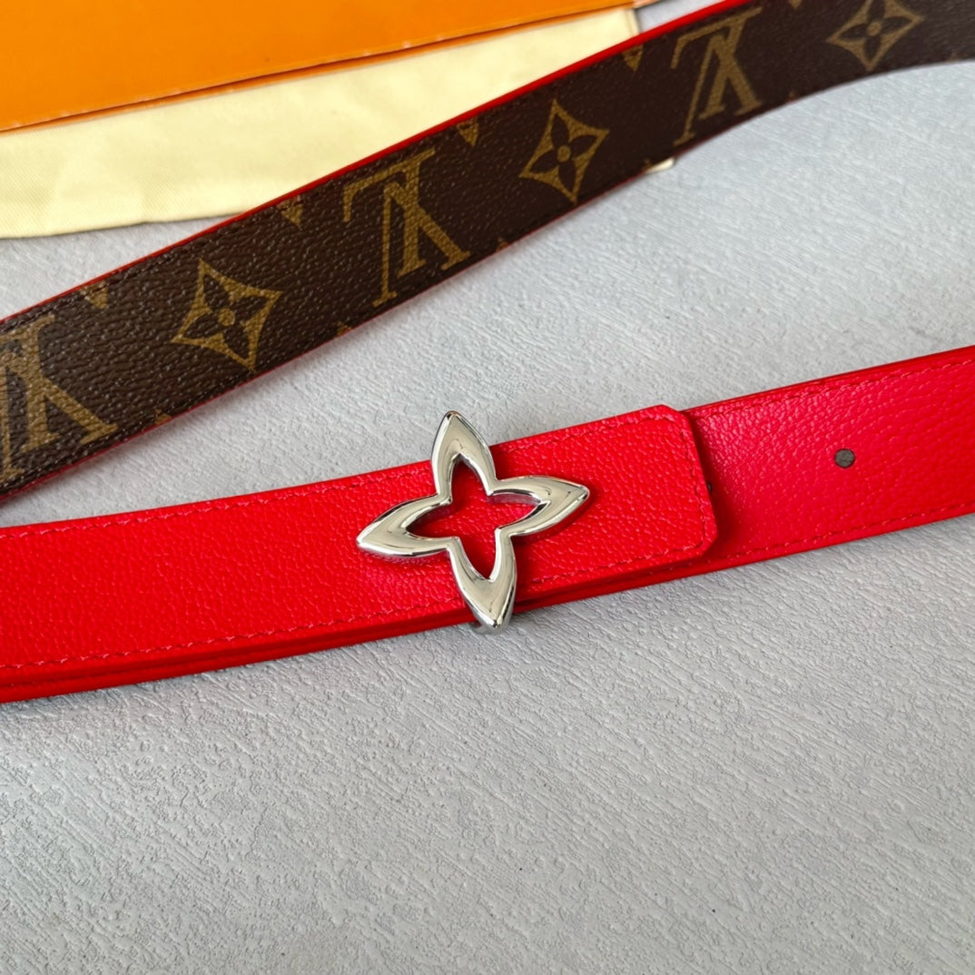 LV Flowergram 30mm Reversible Belt Silver Buckle Red Brown Leather - 30