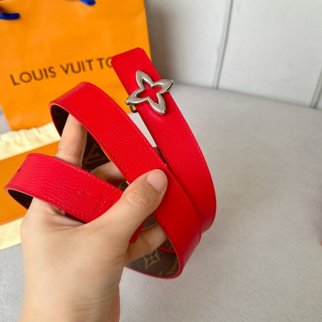 LV  MINI FLOWERGRAM 30MM REVERSIBLE BELT IN CHERRY RED CALFSKIN SILVER HARDWARE - 30