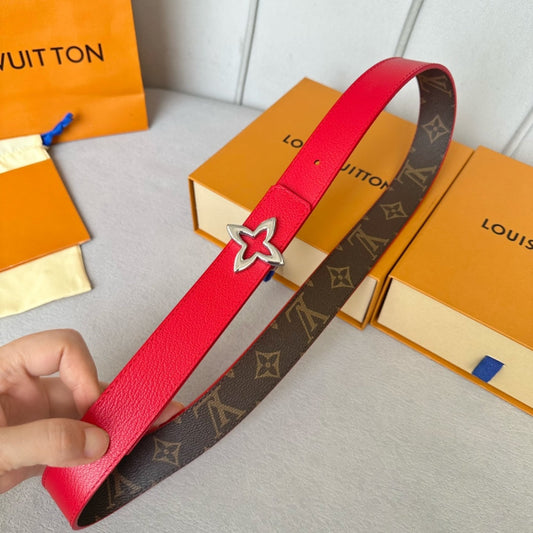 LV Flowergram 30mm Reversible Belt Silver Buckle Red Brown Leather - 30