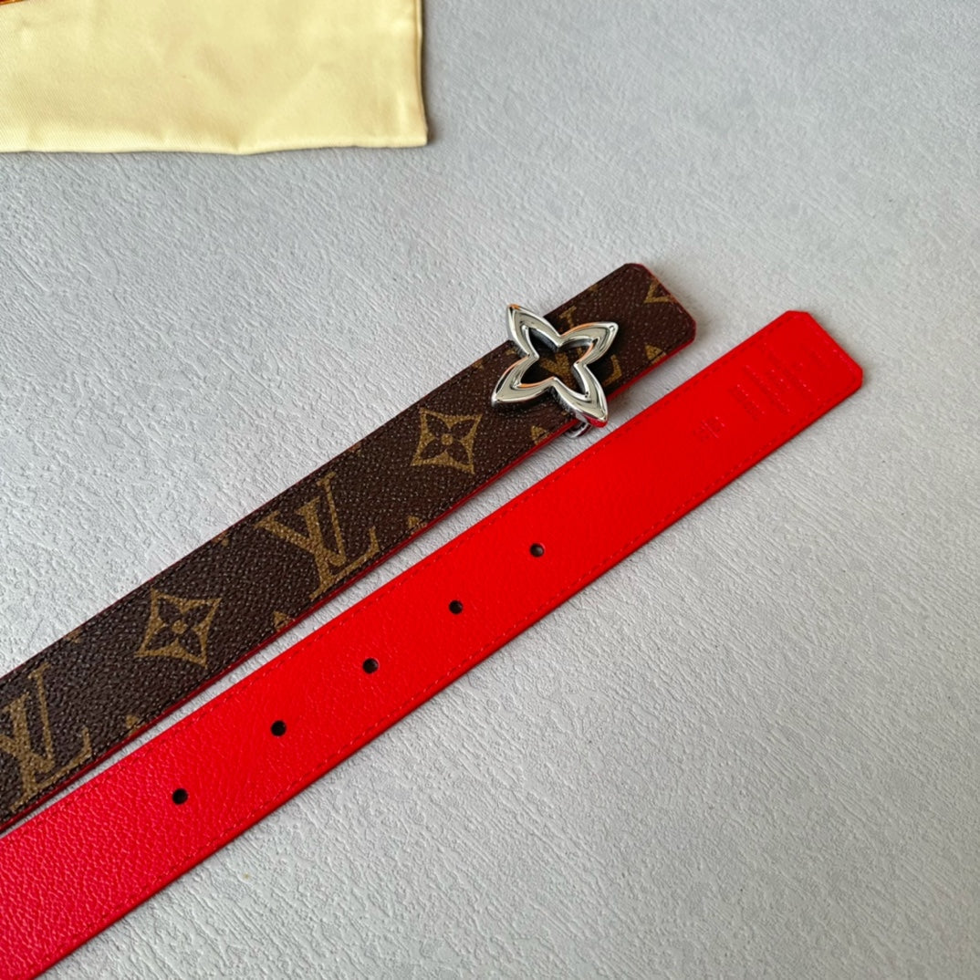 LV  MINI FLOWERGRAM 30MM REVERSIBLE BELT IN CHERRY RED CALFSKIN SILVER HARDWARE - 30