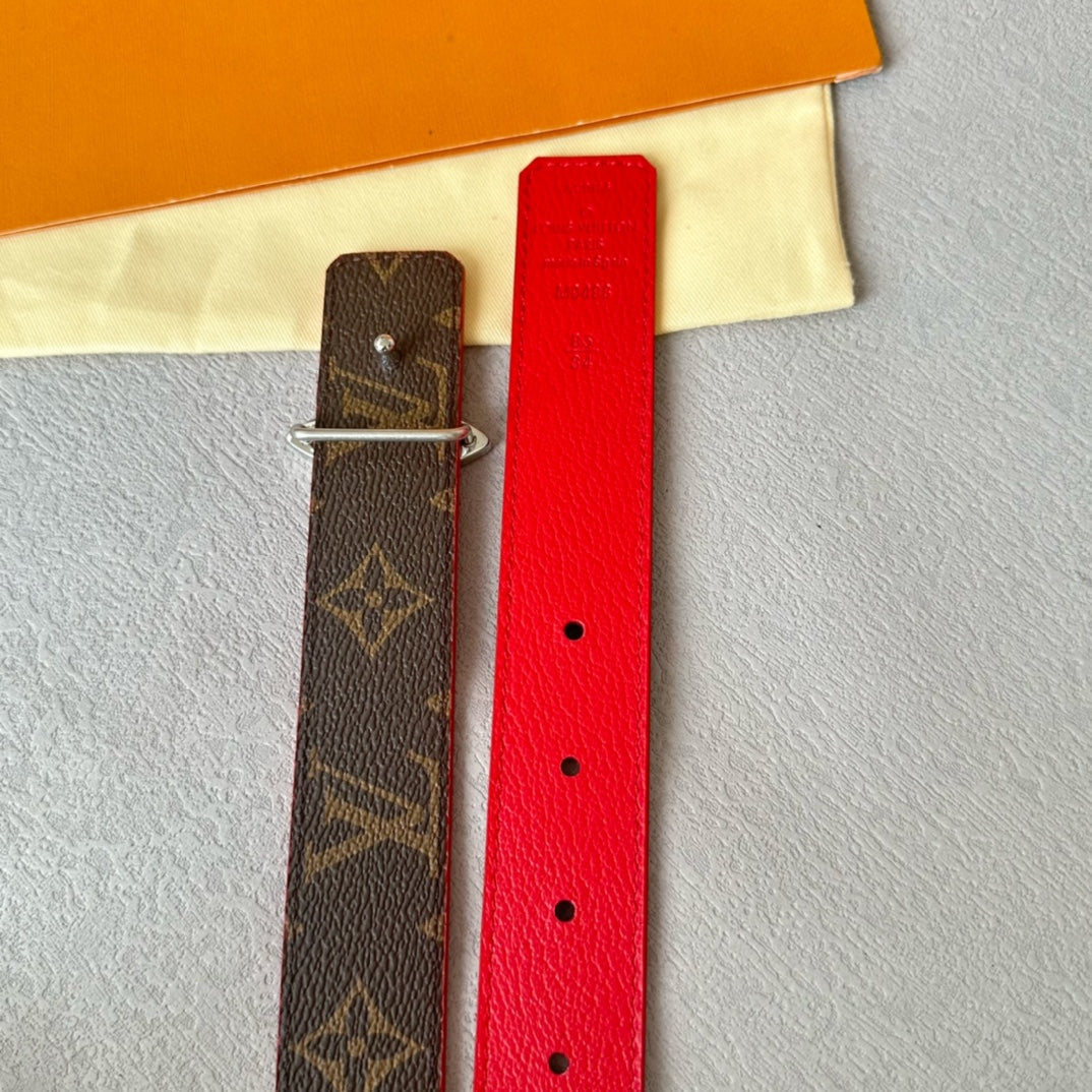 LV  MINI FLOWERGRAM 30MM REVERSIBLE BELT IN CHERRY RED CALFSKIN SILVER HARDWARE - 30