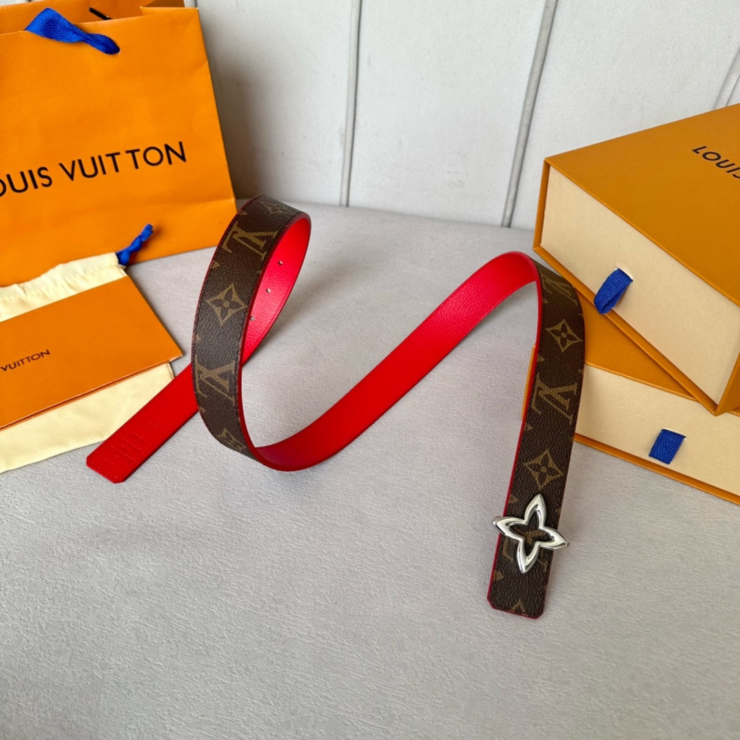 LV Flowergram 30mm Reversible Belt Silver Buckle Red Brown Leather - 30