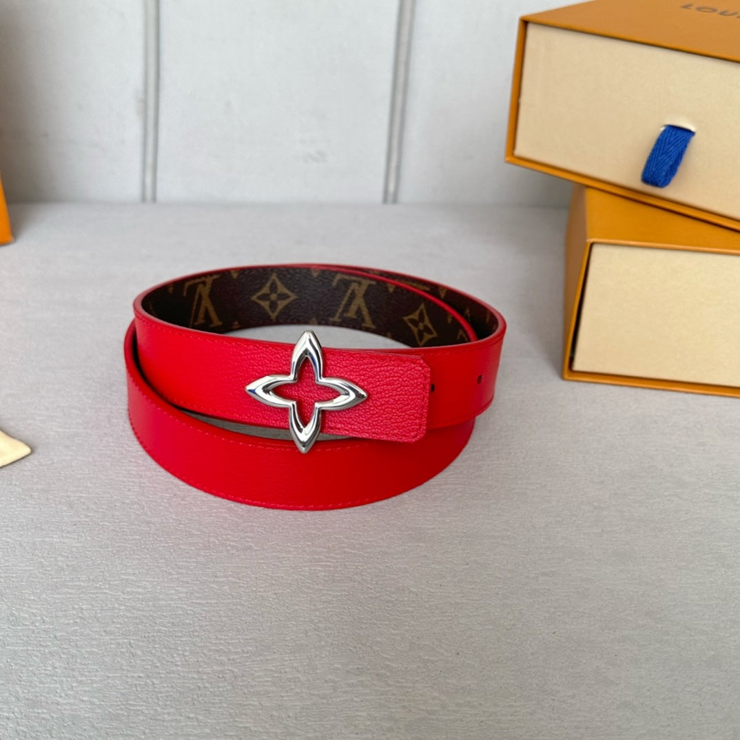 LV Flowergram 30mm Reversible Belt Silver Buckle Red Brown Leather - 30