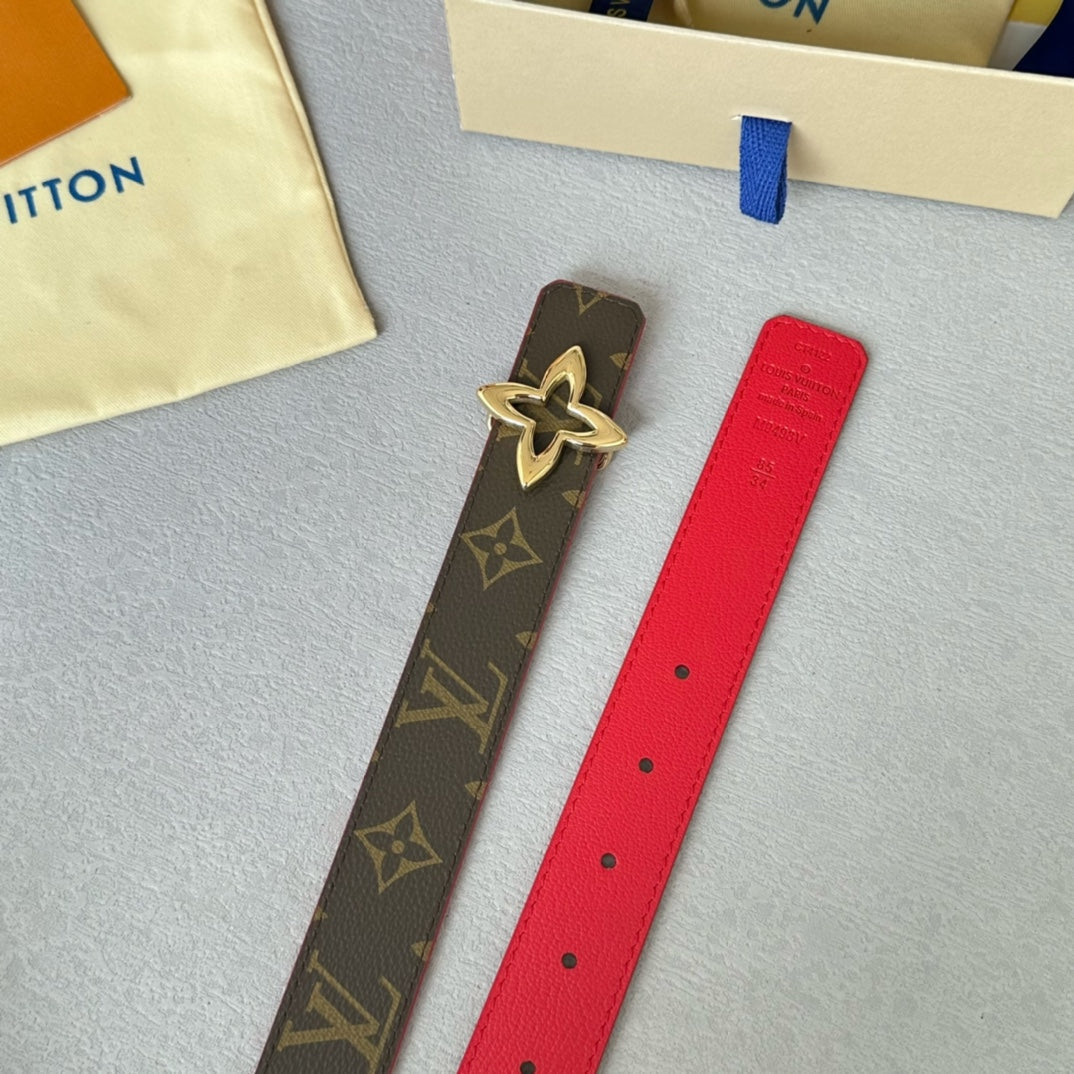 LV Flowergram 30mm Reversible Belt Gold Buckle Red Brown Leather - 30