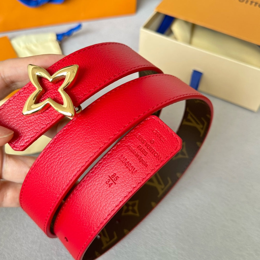 LV Flowergram 30mm Reversible Belt Gold Buckle Red Brown Leather - 30