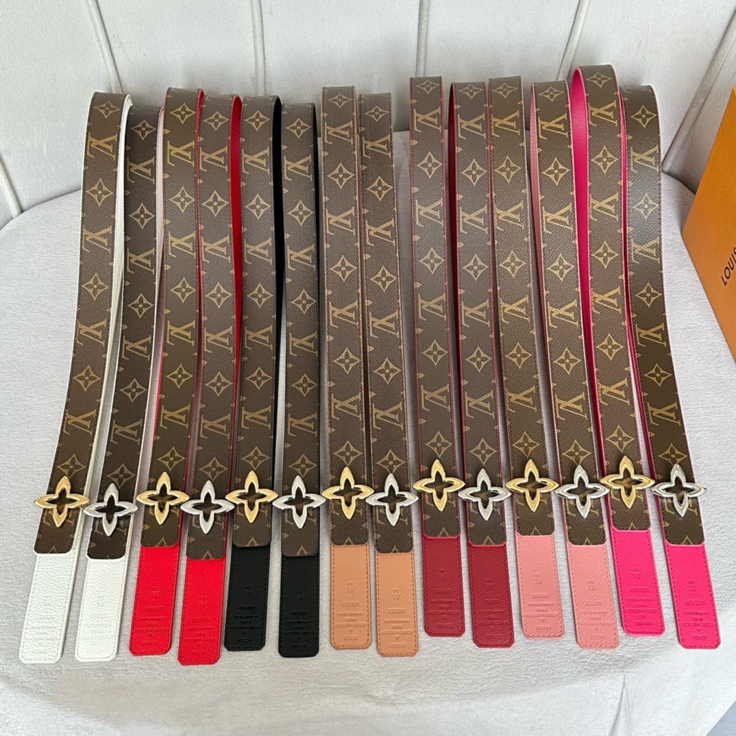 LV Flowergram 30mm Reversible Belt Gold Buckle Red Brown Leather - 30