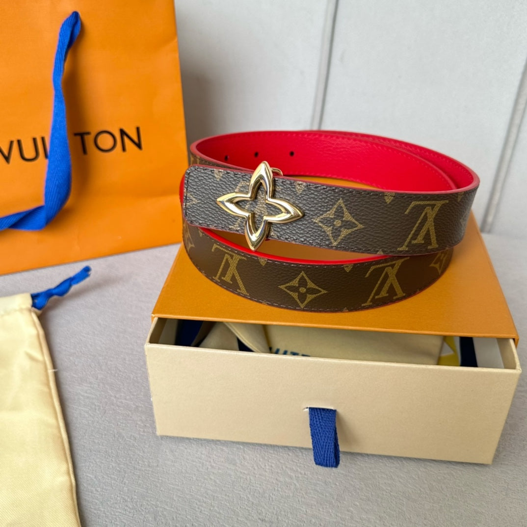 LV Flowergram 30mm Reversible Belt Gold Buckle Red Brown Leather - 30