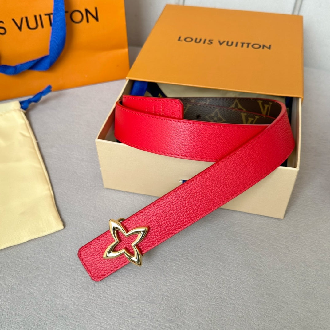 LV Flowergram 30mm Reversible Belt Gold Buckle Red Brown Leather - 30