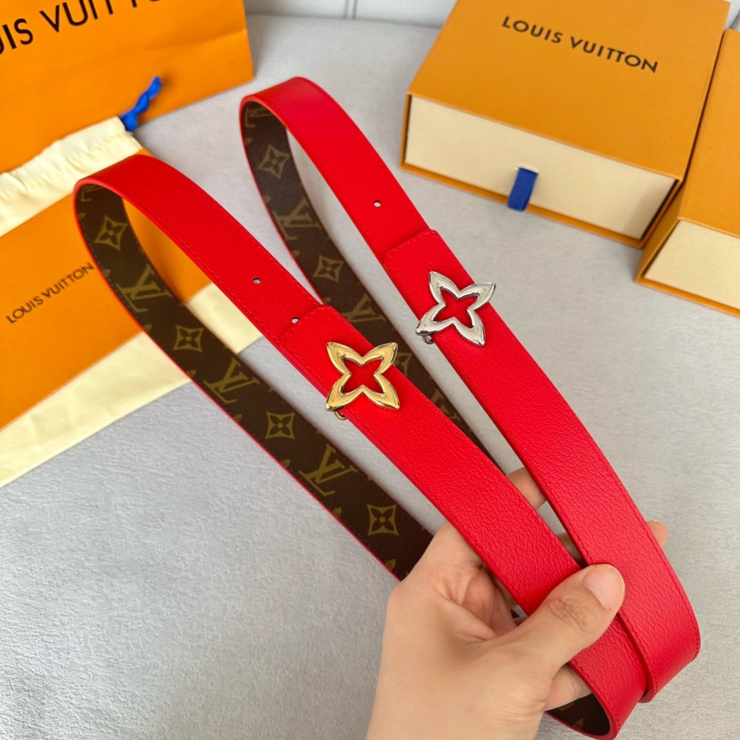 LV Flowergram 30mm Reversible Belt Gold Buckle Red Brown Leather - 30