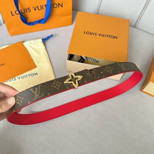 LV Flowergram 30mm Reversible Belt Gold Buckle Red Brown Leather - 30