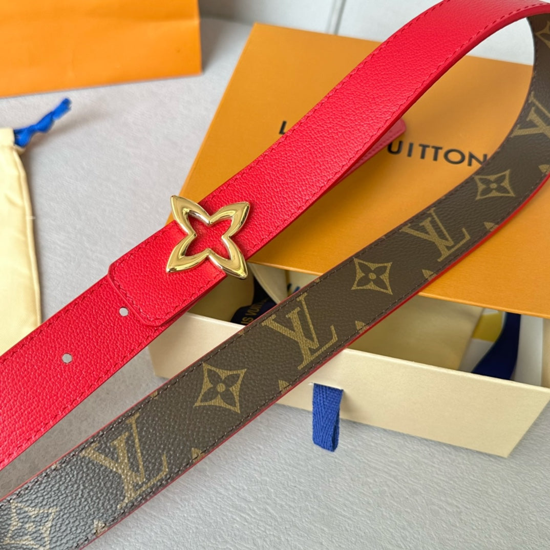 LV  MINI FLOWERGRAM 30MM REVERSIBLE BELT IN CHERRY RED CALFSKIN GOLD HARDWARE - 30