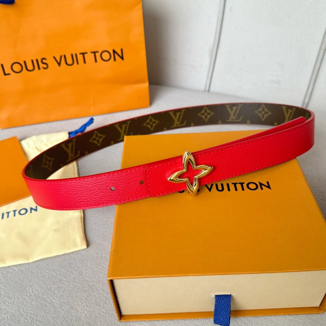 LV Flowergram 30mm Reversible Belt Gold Buckle Red Brown Leather - 30