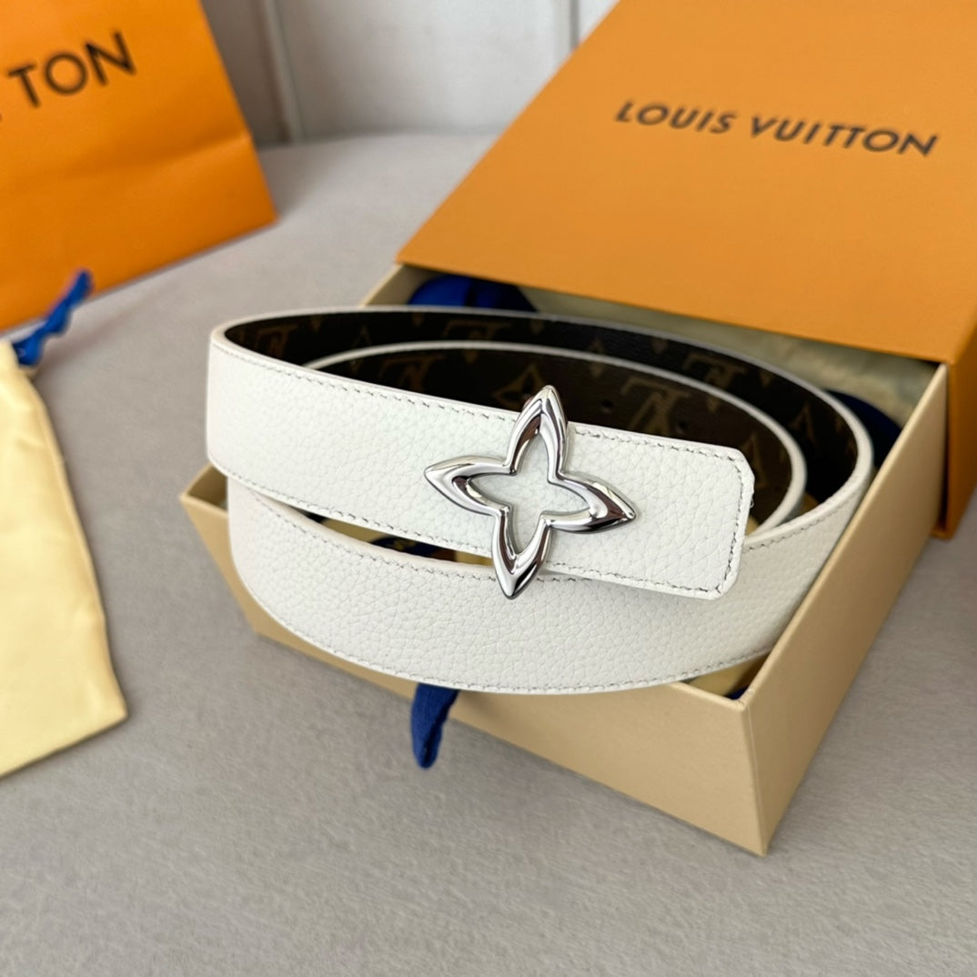 LV Flowergram 30mm Reversible Belt Silver Buckle White Brown Leather - 30
