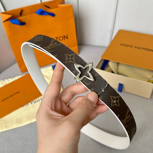 LV Flowergram 30mm Reversible Belt Silver Buckle White Brown Leather - 30