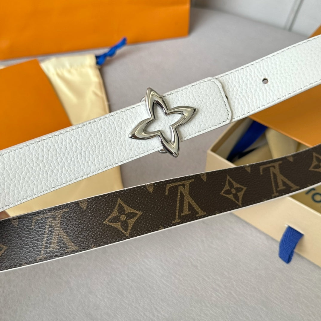 LV Flowergram 30mm Reversible Belt Silver Buckle White Brown Leather - 30