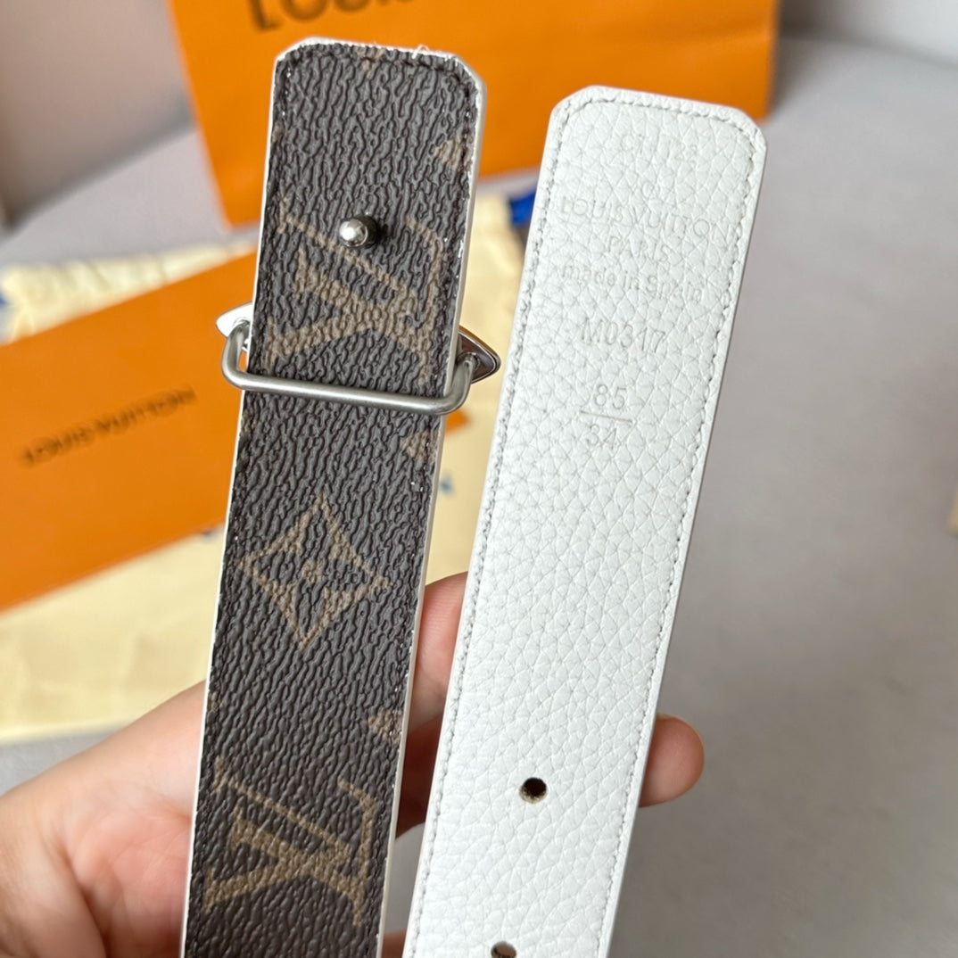 LV Flowergram 30mm Reversible Belt Silver Buckle White Brown Leather - 30