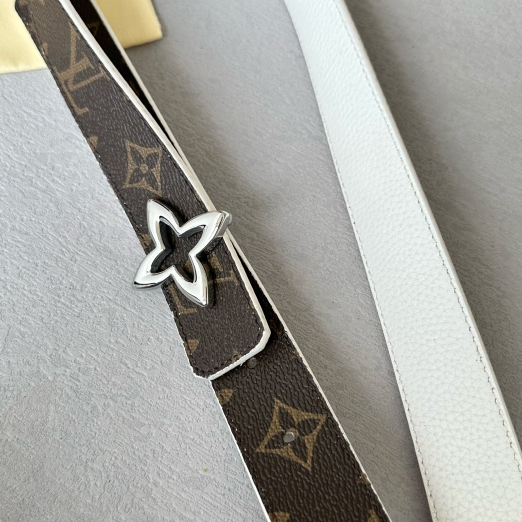 LV Flowergram 30mm Reversible Belt Silver Buckle White Brown Leather - 30