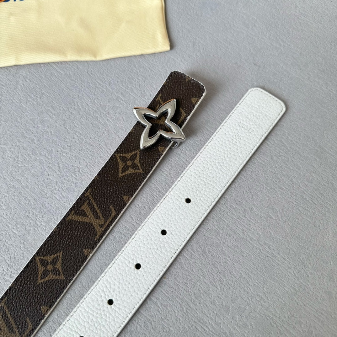 LV  MINI FLOWERGRAM 30MM REVERSIBLE BELT IN WHITE CALFSKIN SILVER HARDWARE - 30