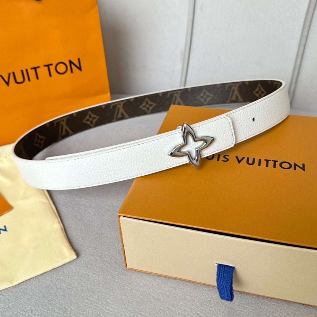 LV  MINI FLOWERGRAM 30MM REVERSIBLE BELT IN WHITE CALFSKIN SILVER HARDWARE - 30