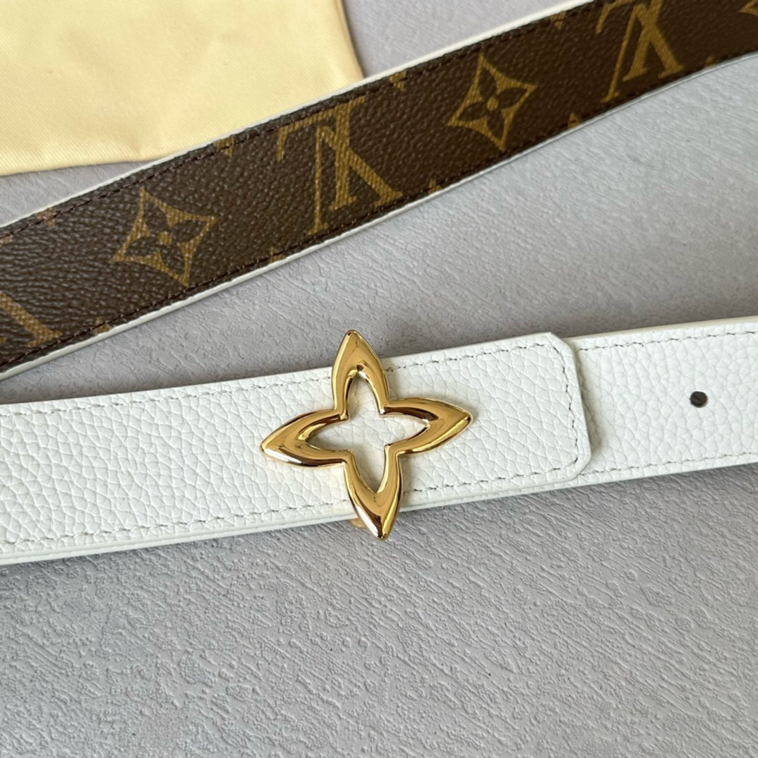 LV  MINI FLOWERGRAM 30MM REVERSIBLE BELT IN WHITE CALFSKIN GOLD HARDWARE - 30