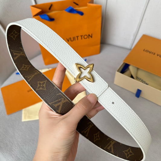 LV Flowergram 30mm Reversible Belt Gold Buckle White Brown Leather - 30
