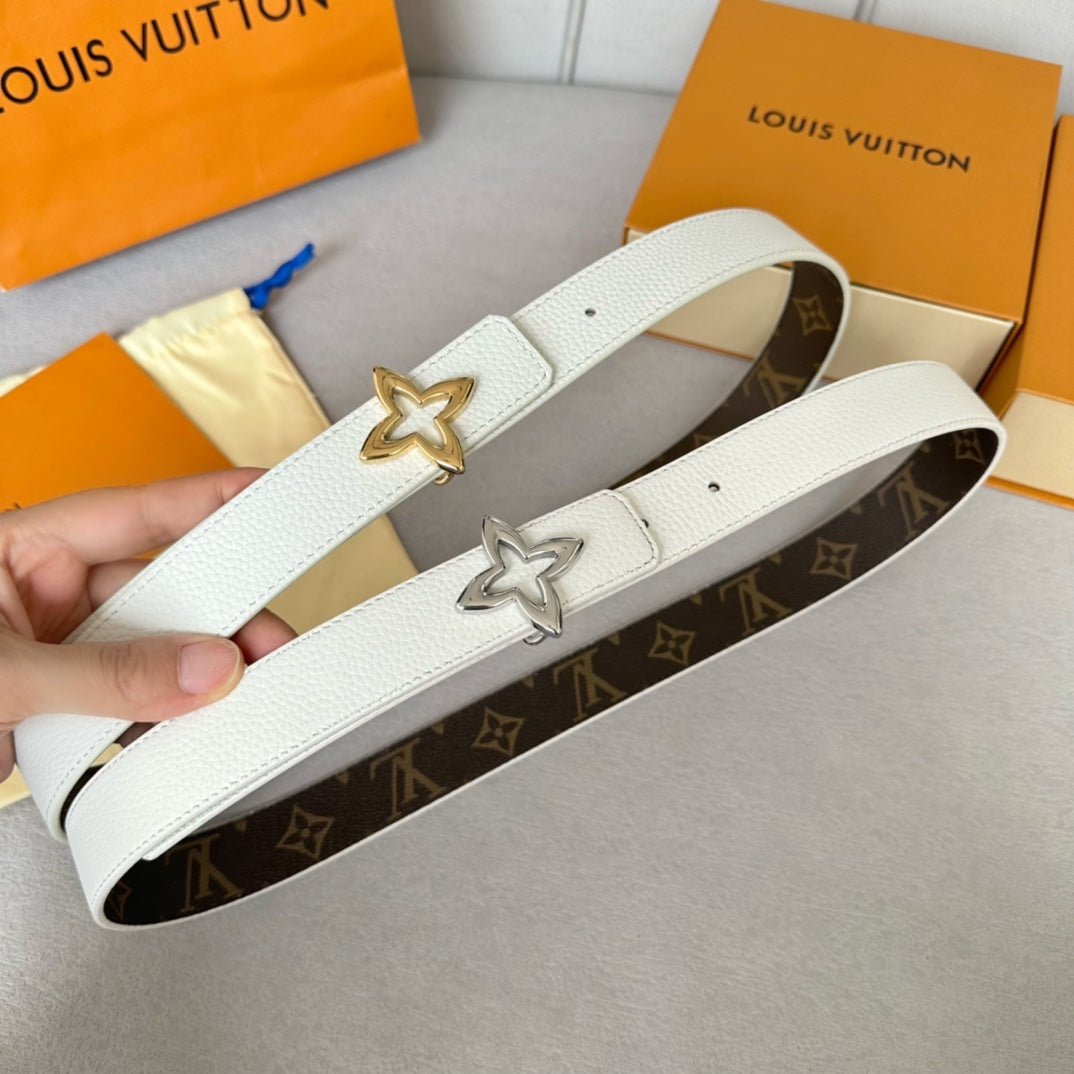 LV Flowergram 30mm Reversible Belt Gold Buckle White Brown Leather - 30
