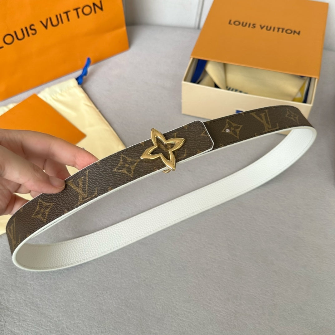 LV Flowergram 30mm Reversible Belt Gold Buckle White Brown Leather - 30