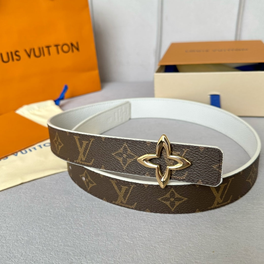 LV Flowergram 30mm Reversible Belt Gold Buckle White Brown Leather - 30
