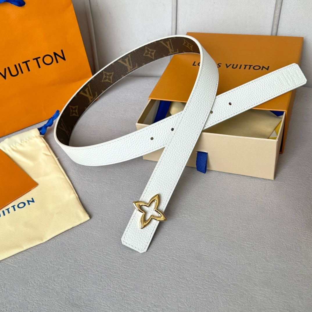 LV Flowergram 30mm Reversible Belt Gold Buckle White Brown Leather - 30
