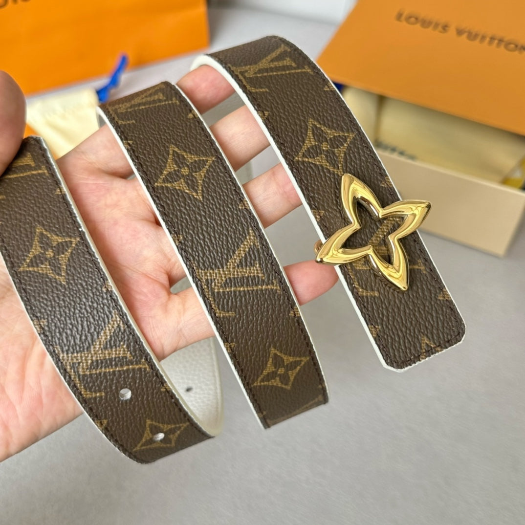 LV Flowergram 30mm Reversible Belt Gold Buckle White Brown Leather - 30