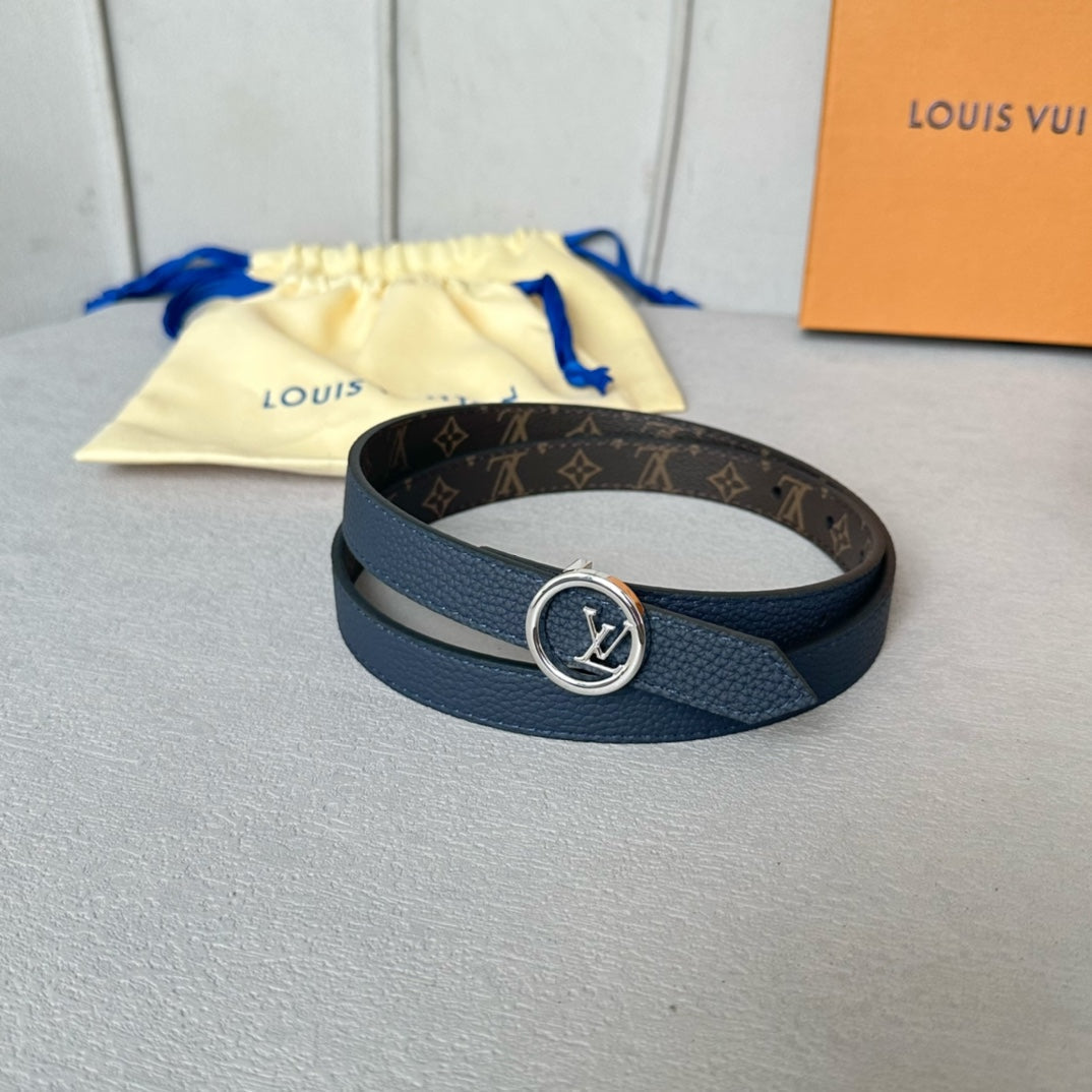 LV Circle 20mm Reversible Belt Silver Buckle Navy Blue Brown Leather - 30
