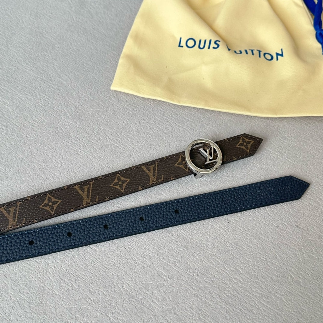 LV Circle 20mm Reversible Belt Silver Buckle Navy Blue Brown Leather - 30