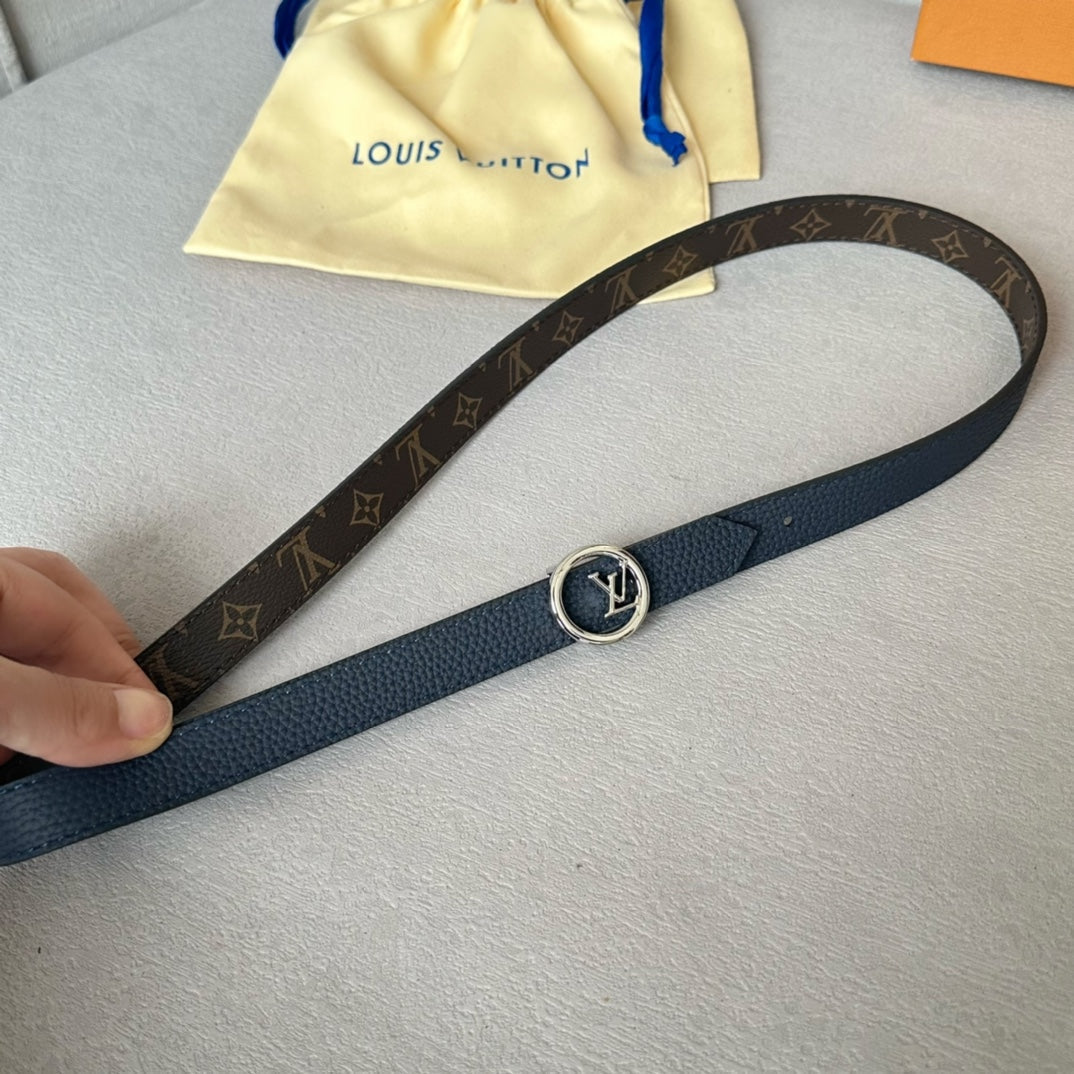 LV Circle 20mm Reversible Belt Silver Buckle Navy Blue Brown Leather - 30