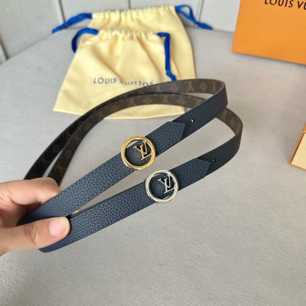 LV Circle 20mm Reversible Belt Silver Buckle Navy Blue Brown Leather - 30