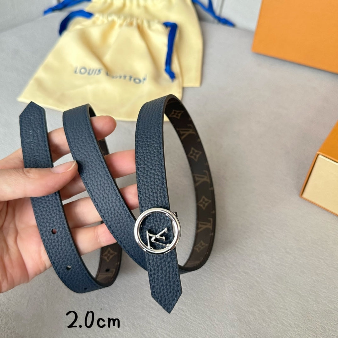 LV Circle 20mm Reversible Belt Silver Buckle Navy Blue Brown Leather - 30