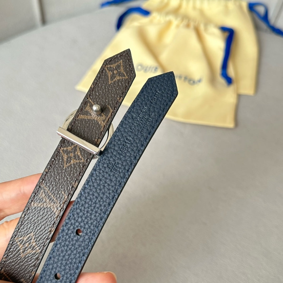 LV Circle 20mm Reversible Belt Silver Buckle Navy Blue Brown Leather - 30