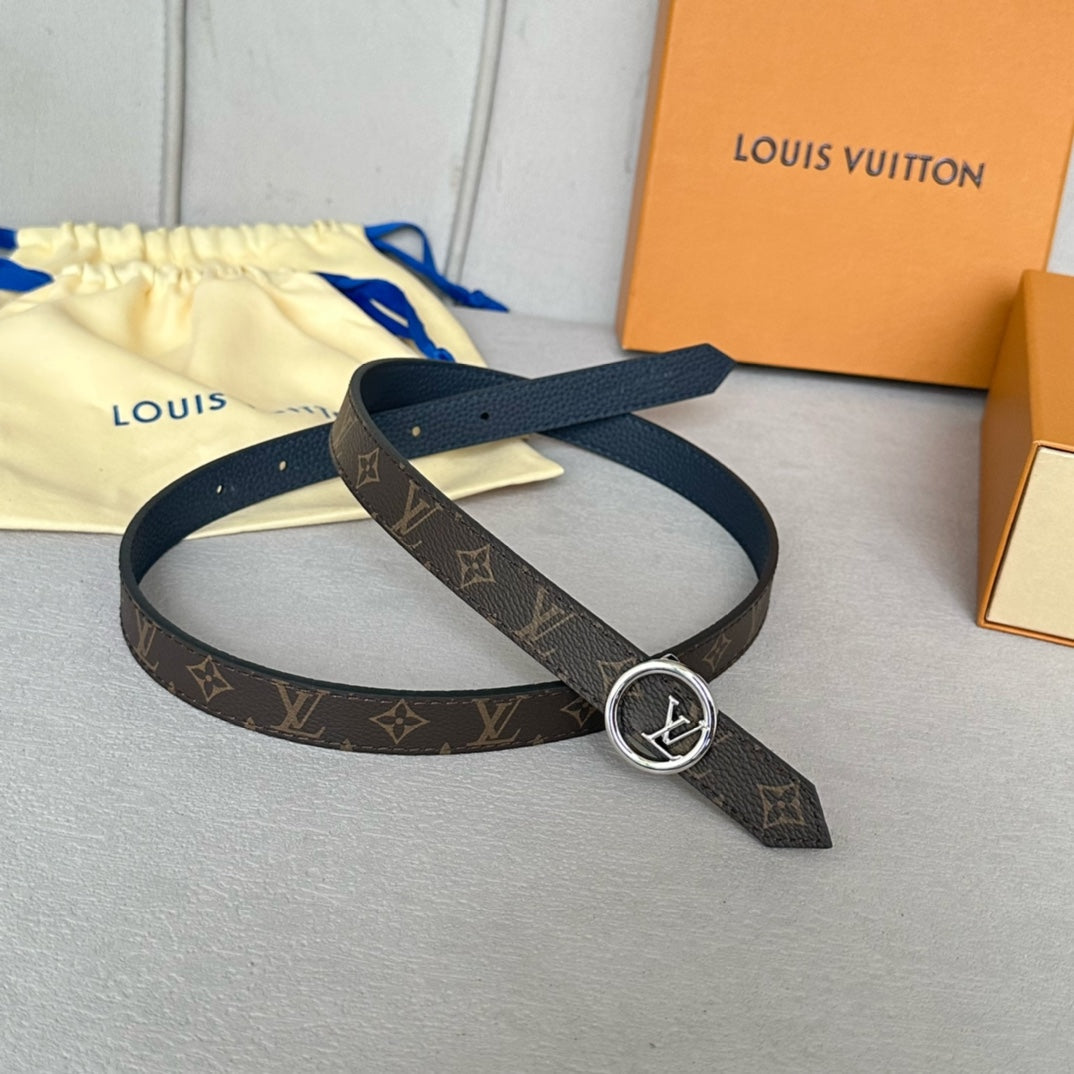 LV Circle 20mm Reversible Belt Silver Buckle Navy Blue Brown Leather - 30