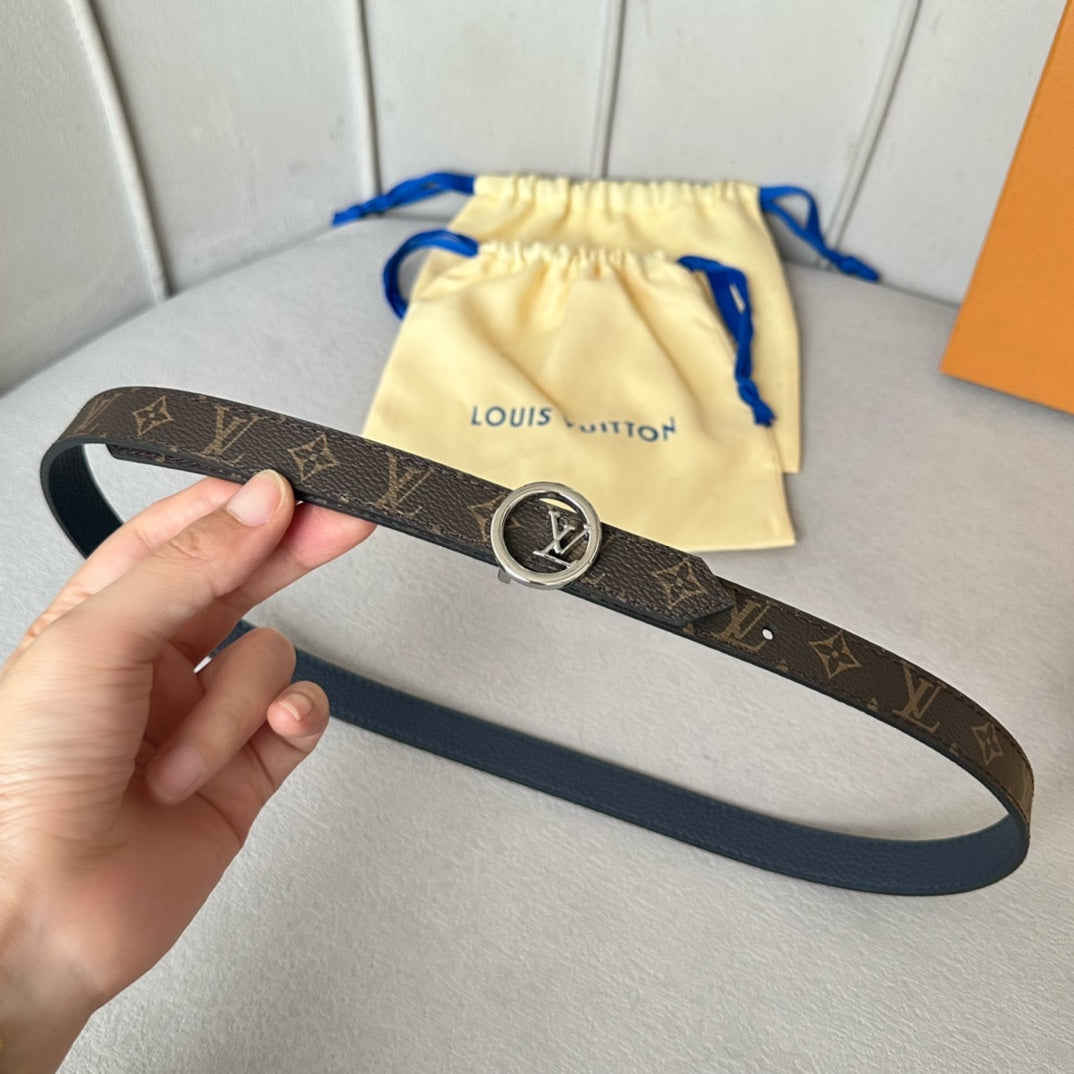 LV Circle 20mm Reversible Belt Silver Buckle Navy Blue Brown Leather - 30