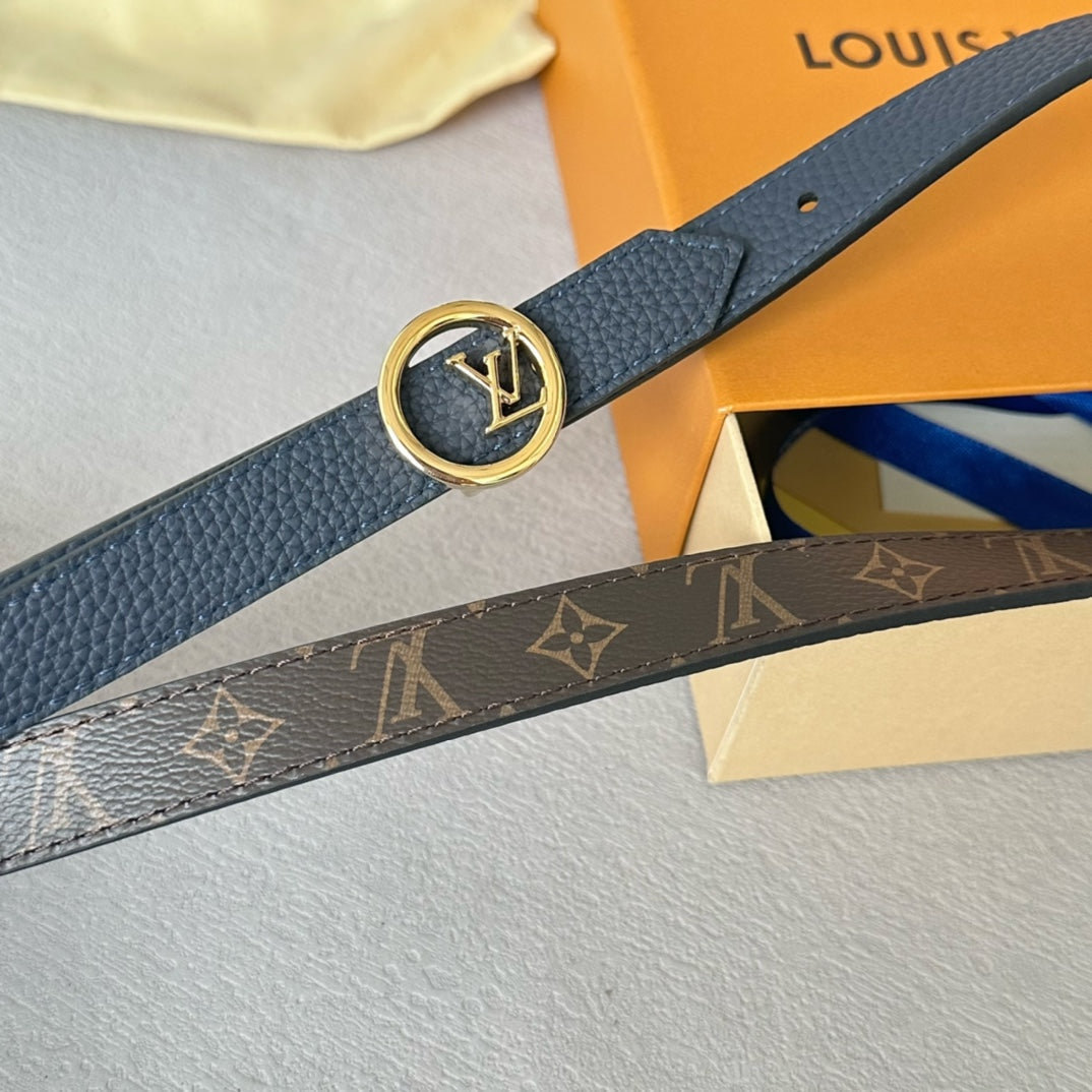 LV Circle 20mm Reversible Belt Gold Buckle Navy Blue Brown Leather - 30