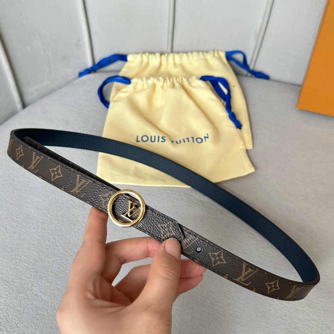 LV Circle 20mm Reversible Belt Gold Buckle Navy Blue Brown Leather - 30