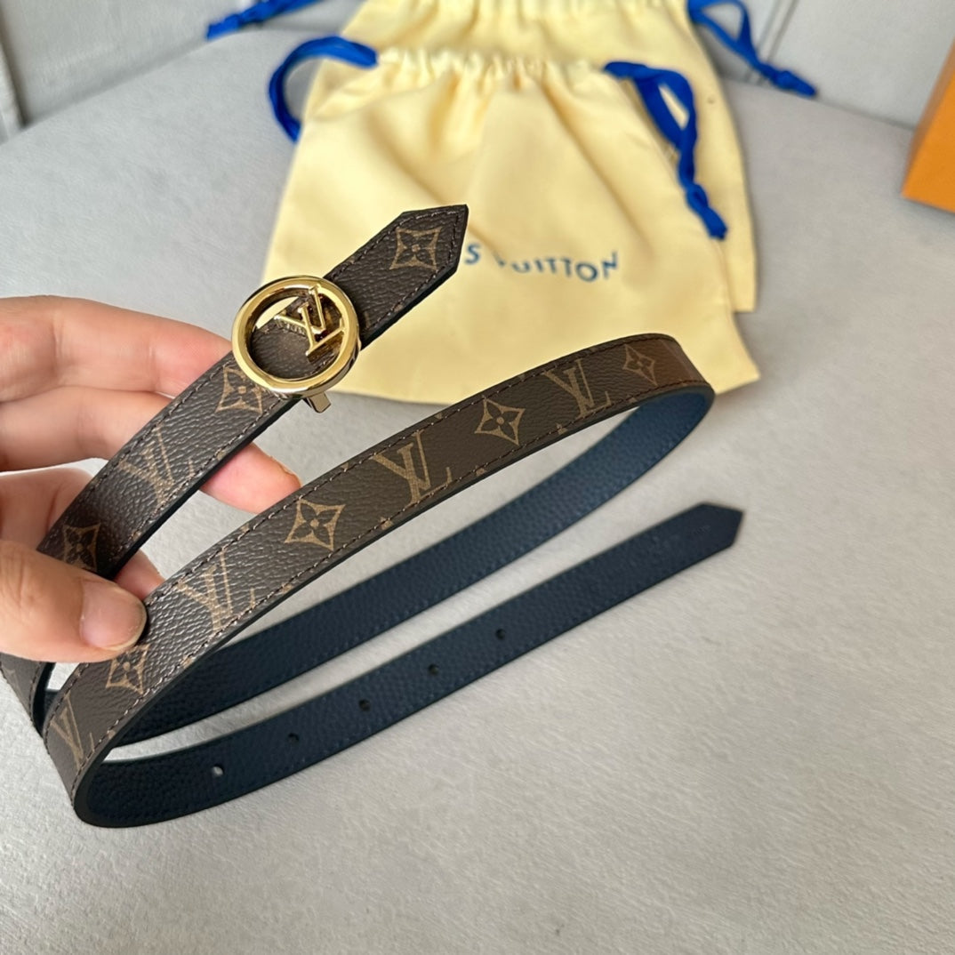 LV Circle 20mm Reversible Belt Gold Buckle Navy Blue Brown Leather - 30