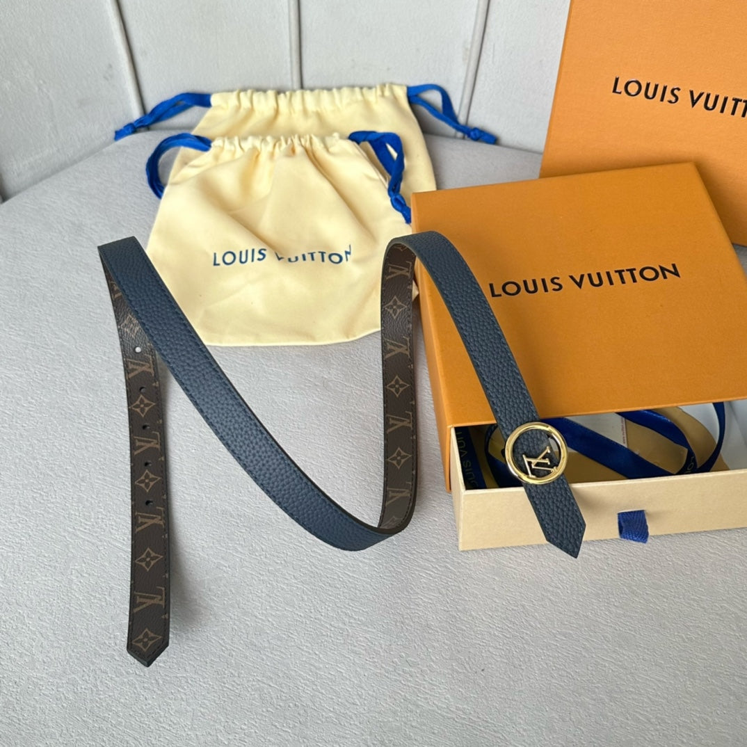 LV Circle 20mm Reversible Belt Gold Buckle Navy Blue Brown Leather - 30