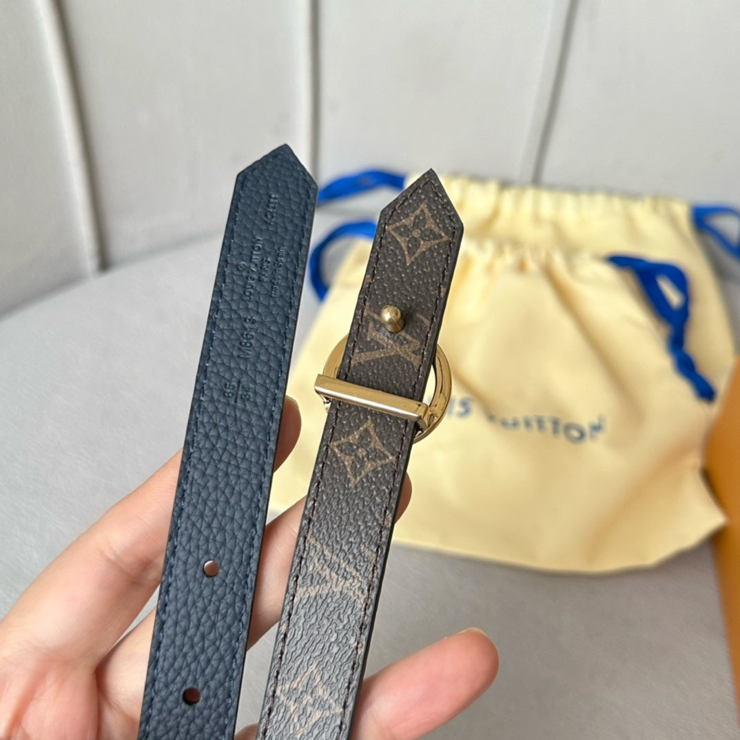 LV Circle 20mm Reversible Belt Gold Buckle Navy Blue Brown Leather - 30