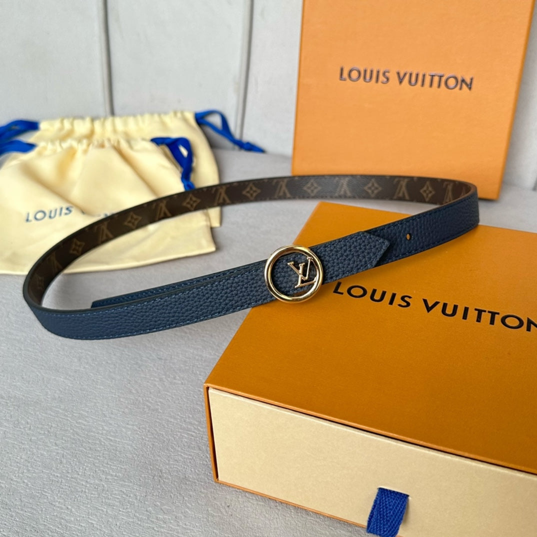 LV Circle 20mm Reversible Belt Gold Buckle Navy Blue Brown Leather - 30