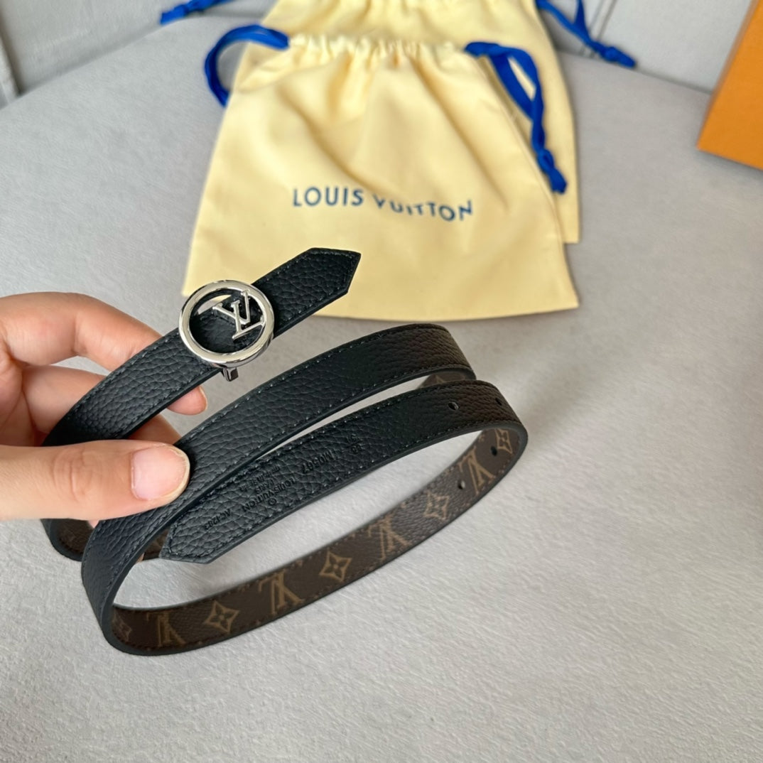 LV Circle 20mm Reversible Belt Silver Buckle Black Brown Leather - 30