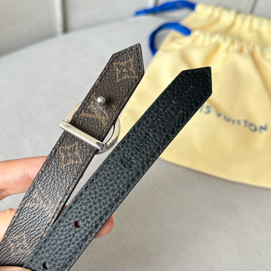 LV Circle 20mm Reversible Belt Silver Buckle Black Brown Leather - 30