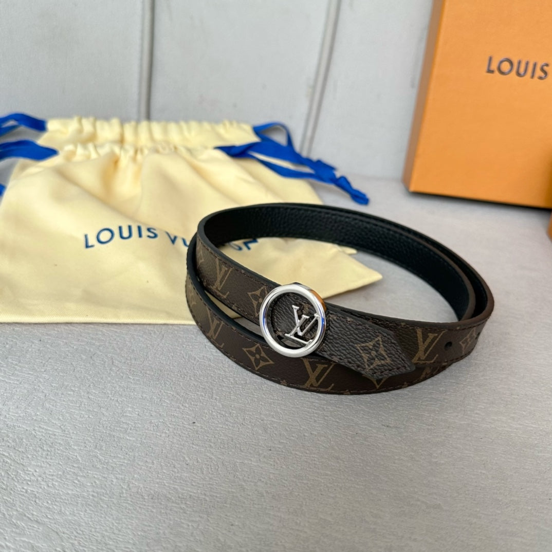 LV Circle 20mm Reversible Belt Silver Buckle Black Brown Leather - 30